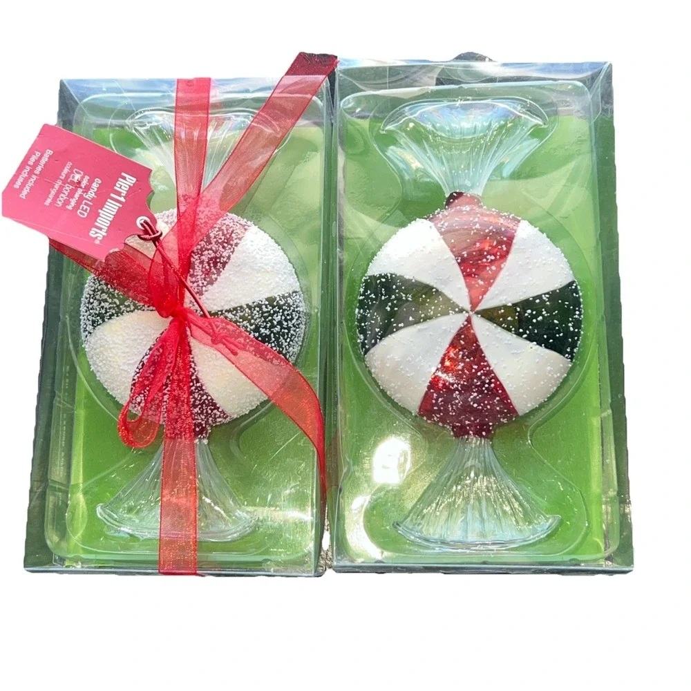 2 Pier 1 LED Del Bonbon Peppermint Candy Light Up Ornaments Red White Green 6.5